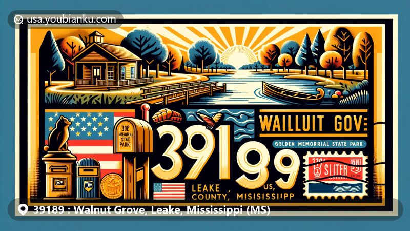 Modern illustration of Walnut Grove, Leake County, Mississippi, inspired by ZIP code 39189, featuring Golden Memorial State Park with lush greenery, lake, and nature trails, vintage post office facade, American mailbox, and Mississippi state flag postal stamp.