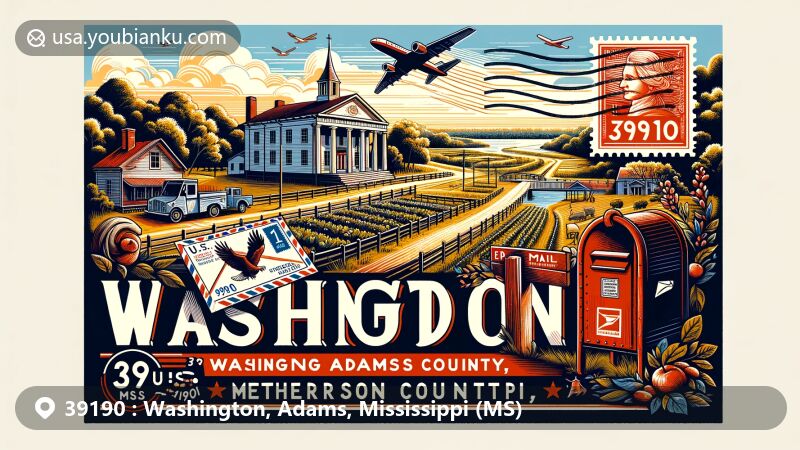 Modern illustration of Washington, Adams County, Mississippi, showcasing historical and cultural elements like US Route 61, Wesleyan Chapel where Mississippi's first constitution was adopted, Jefferson College now a historic museum. Background features rich agricultural and river environment, capturing natural beauty of the region. Postal elements include a stamp depicting Natchez Trace Parkway, a vintage airmail envelope with 'Washington, MS 39190' postmark, and a classic red mailbox. Illustration blends modern art style, perfect for web display, creative and eye-catching, highlighting Washington's historical significance and postal connection.
