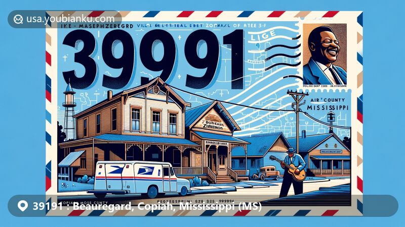 Modern illustration of Beauregard, Copiah County, Mississippi, showcasing postal theme with ZIP code 39191, featuring Ike Zimmerman postage stamp and local cultural references.