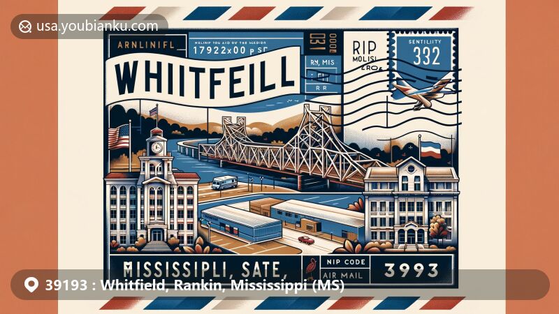 Modern illustration of Whitfield, Rankin, Mississippi, postal theme with ZIP code 39193, featuring Mississippi State Hospital, Woodrow Wilson Bridge, and Mississippi symbols.