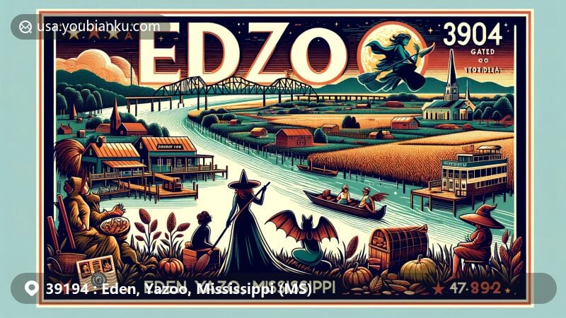 Modern illustration of Eden, Yazoo, Mississippi, showcasing postal theme with ZIP code 39194, including regional geography and cultural elements like the Yazoo River and the 'Witch of Yazoo' legend.