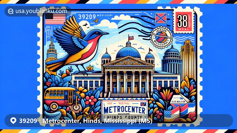 Modern illustration of Metrocenter, Hinds County, Mississippi, depicting postal theme with ZIP code 39209, showcasing iconic symbols of Mississippi, Hinds County, and Metrocenter Mall.