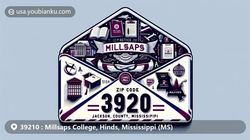 Modern illustration of Millsaps College, located in Jackson, Hinds County, Mississippi, showcasing ZIP code 39210 with a postal theme, including state symbols, landmarks, and academic elements.