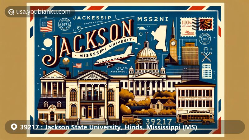 Modern wide-format postal-themed illustration for Jackson State University in the 39217 ZIP code area, Jackson, Mississippi, Hinds County. Features iconic landmarks like the Mississippi State Capitol, Old Capitol Museum, Eudora Welty House and Garden, and Medgar Evers Home, with a focus on Lee E. Williams Assembly Center for sports and student activities. Integrates Mississippi state flag silhouette and university colors, reminiscent of a digital postcard with postal elements and vintage air mail border.