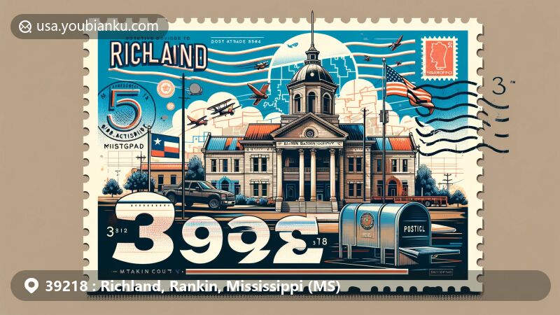 Modern illustration of Richland, Rankin County, Mississippi, featuring ZIP code 39218, highlighting the Rankin County Courthouse on a postage stamp and incorporating Mississippi state flag and map outline to symbolize the region's identity, with creative postal elements.