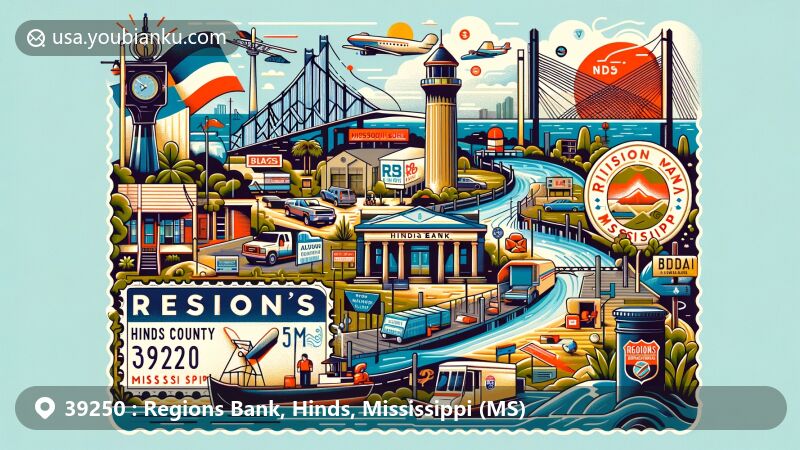 Modern illustration of Regions Bank area, Hinds County, Mississippi, with ZIP code 39250, showcasing local geography near the Big Black River and the Pearl River, including Biloxi Bay Bridge and Natchez Trace Parkway.