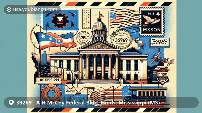 Captivating illustration of the Dr. A. H. McCoy Federal Building in Jackson, Mississippi, featuring the unique ZIP code 39269, creatively blending historical and cultural elements, including the Mississippi state flag and Hinds County outline.