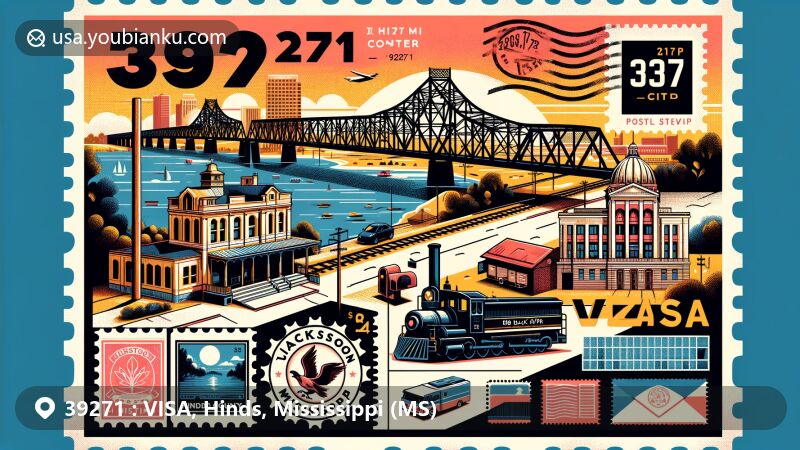 Modern illustration of VISA, Hinds County, Mississippi, featuring the Big Black River Railroad Bridge and Jackson City Hall, highlighting the region's history and connections to railroads and government, set against a backdrop of geographical diversity.