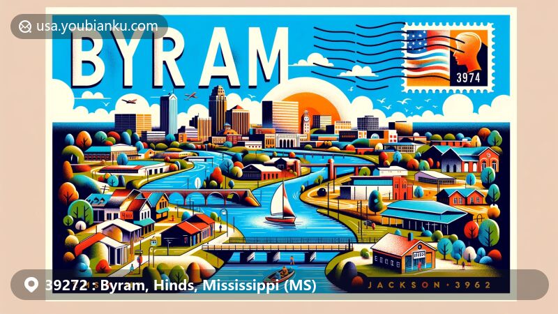 Modern illustration of Byram, Mississippi, highlighting postal theme with ZIP code 39272, featuring a picturesque view of the city with the Pearl River, reflecting geographical significance and vibrant community life.