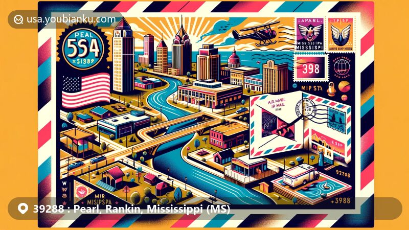 Vibrant illustration of Pearl, Mississippi, with the Pearl River, iconic buildings, and recreational areas, showcasing city's infrastructure and community focus.