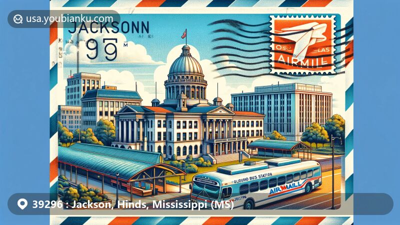 Modern illustration of Jackson, Hinds County, MS, highlighting postal theme with ZIP code 39296, featuring Mississippi State Capitol and Old Greyhound Bus Station, integrated into an air mail envelope design.