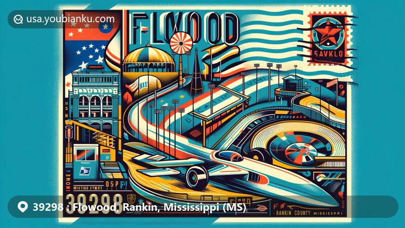 Modern illustration of Flowood, Rankin County, Mississippi, showcasing postal theme with ZIP code 39298, featuring Mississippi state flag, Rankin County silhouette, and hints of community spirit and recreational activities.