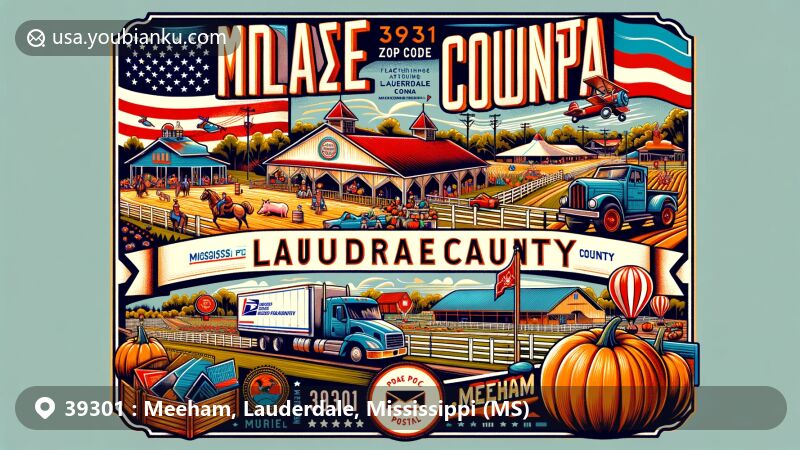 Modern illustration of Meeham area in Lauderdale County, Mississippi, highlighting Lazy Acres Farm with pumpkin patch, corn maze, and pig races, and showcasing the Lauderdale County Agri-Center as a premier equestrian facility.