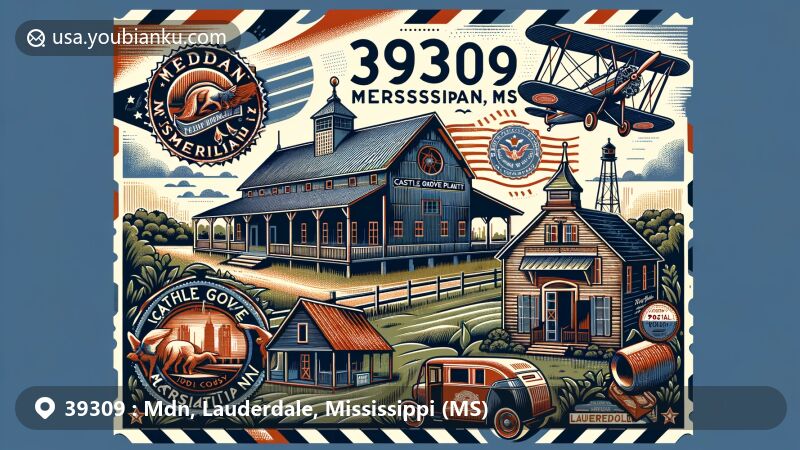 Modern illustration of Meridian, Mississippi, highlighting Castle Grove Plantation and Natchez Trace Parkway, framed in postal theme with ZIP code 39309, showcasing local charm and agricultural heritage.