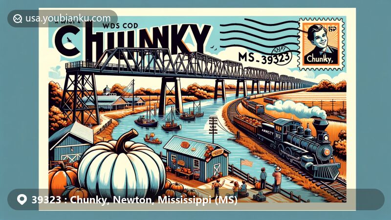 Modern illustration of Chunky, Mississippi, showcasing the Chunky River, Kansas City Southern Railroad, Lazy Acres Pumpkin Patch, vintage stamp with Mississippi state flag, postal mark 'Chunky, MS 39323', and 'Greetings from Chunky, Mississippi'.