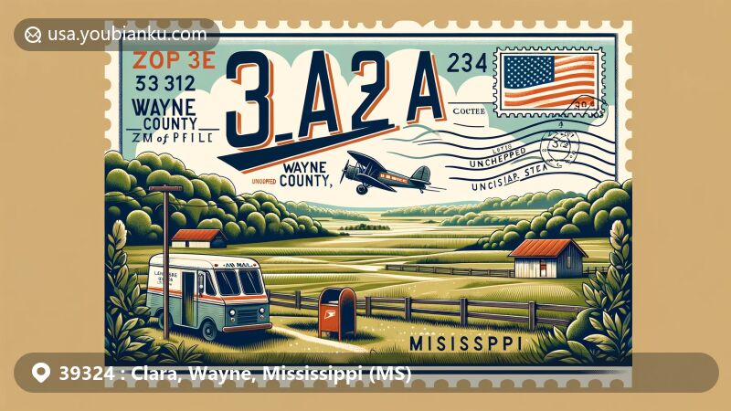 Modern illustration of Clara, Wayne County, Mississippi, showcasing natural beauty and postal service elements with ZIP code 39324. Features vintage air mail envelope, lush greenery, and Mississippi state flag.