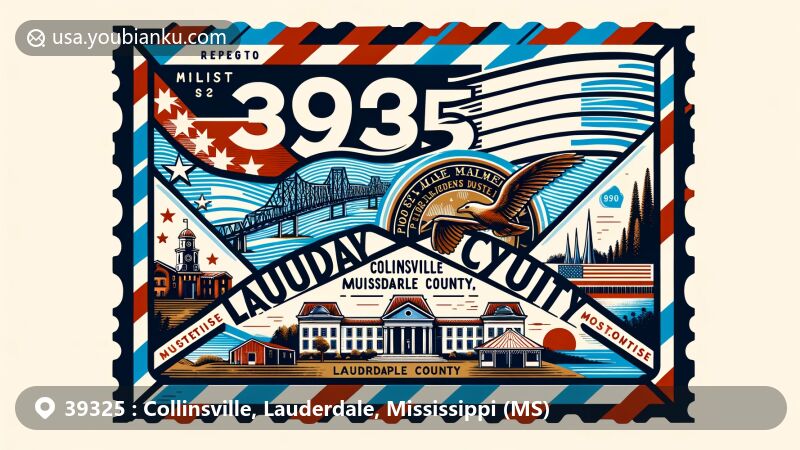 Modern illustration of Collinsville, Lauderdale County, Mississippi, resembling an airmail envelope with state flag, Lauderdale County silhouette, Promise Land Journey museum, and Okatibbee Lake, featuring postal elements and ZIP code 39325.