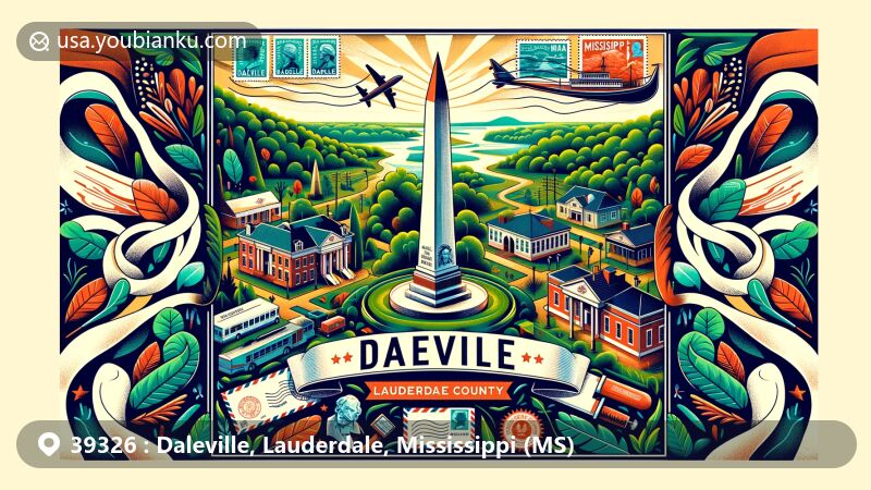 Modern illustration of Daleville, Lauderdale County, Mississippi, showcasing Samuel Dale Monument, lush forests, and rivers, with vintage postal elements like air mail envelope, stamps, and postmark 'Daleville, MS 39326'.