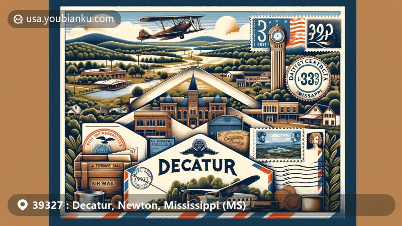 Modern illustration of Decatur, Mississippi, featuring East Central Community College and postal-themed elements like a vintage air mail envelope with ZIP code 39327 and town's name, symbolizing the town's essence inside.