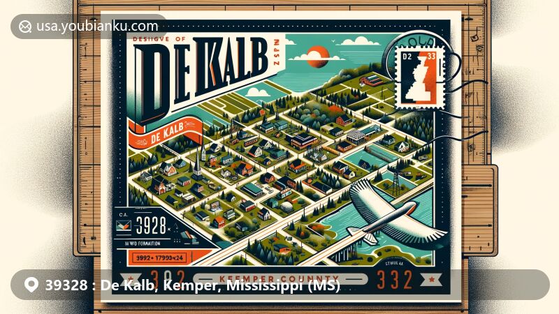 Creative illustration of De Kalb, Kemper County, Mississippi, depicting small-town charm with roads, houses, greenery, and a vintage-modern postal theme, including Kemper County Lake stamp.