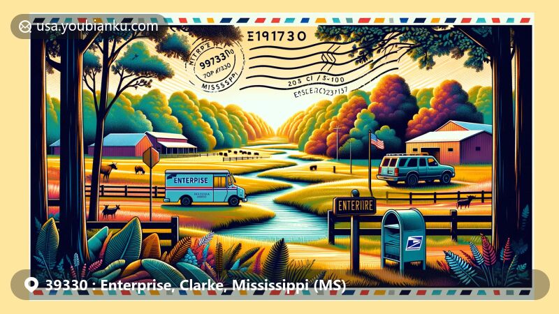 Modern illustration of Enterprise, Mississippi, featuring rural landscape with trees, fields, and a creek, designed as a postcard with elements like postage stamp, postmark, ZIP Code 39330, mailbox, and mail van.