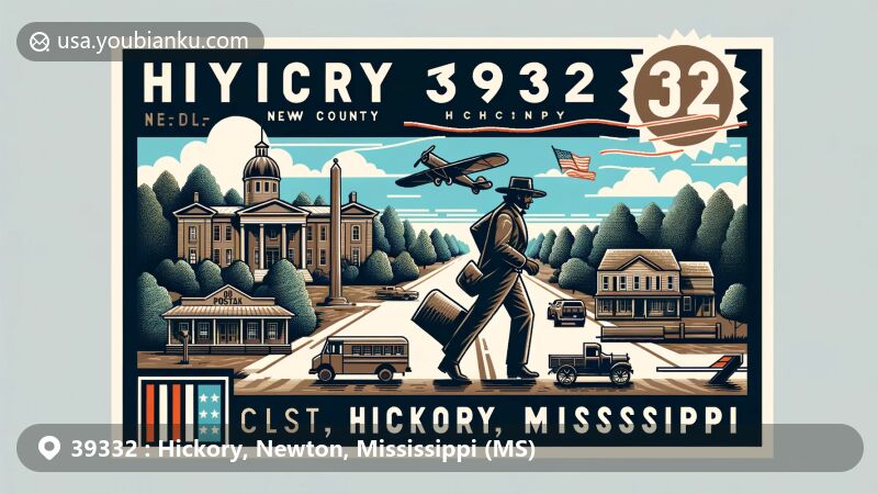 Modern illustration of Hickory, Mississippi, in Newton County, blending regional charm with postal elements, featuring 'Old Hickory' historical references and Mississippi state flag.
