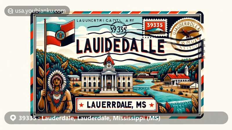 Modern illustration of ZIP code 39335 in Lauderdale, Mississippi, featuring Lauderdale County Courthouse, Choctaw Native Americans, and Lauderdale Springs, capturing the essence of early settlement history and local significance.