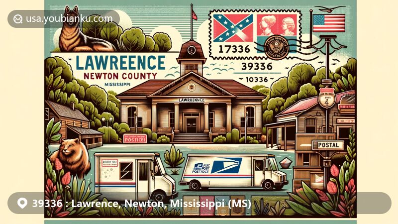Modern illustration of Lawrence in Newton County, Mississippi, featuring a classic Southern town atmosphere around the post office, lush greenery, state flag, vintage postage stamp, envelope, mail delivery truck, and ZIP code 39336.