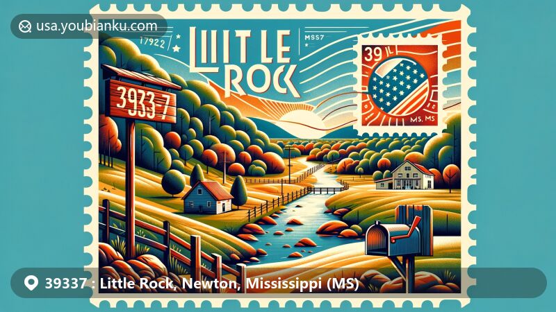 Modern illustration of Little Rock, Mississippi, showcasing natural beauty and postal theme with ZIP code 39337, featuring rolling hills, forests, and a serene creek. Includes vintage postage stamp with state flag and red mailbox with letters.
