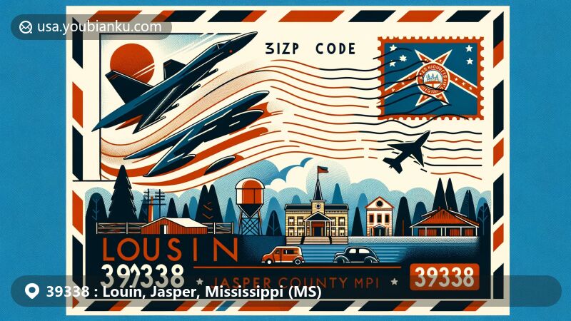Modern illustration of Louin, Jasper County, Mississippi, with postal theme and ZIP code 39338, showcasing Mississippi state flag, Jasper County silhouette, and local landmark.