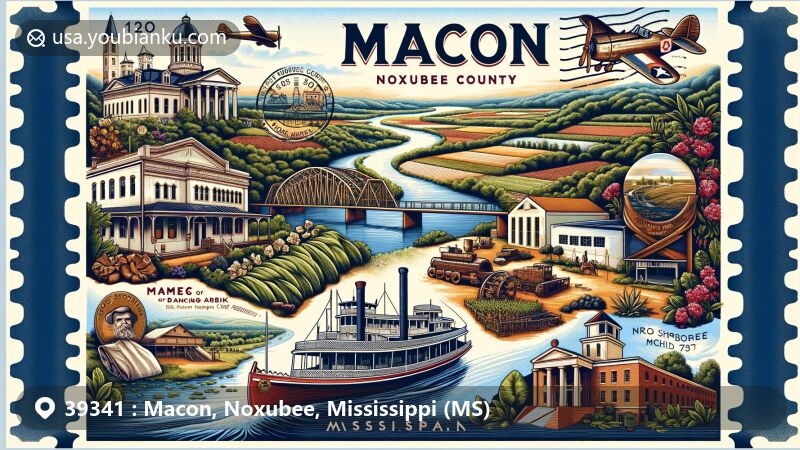 Modern illustration of Macon, Noxubee County, Mississippi, showcasing Noxubee River, local flora, Choctaw heritage, Civil War era, steamboat, Noxubee Agricultural High School, USS Noxubee, lush landscapes, and agricultural richness.