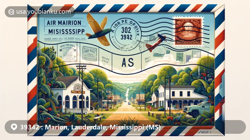 Modern illustration of Marion, Mississippi, showcasing postal theme with ZIP code 39342, featuring traditional post office, lush greenery, and community vibe.