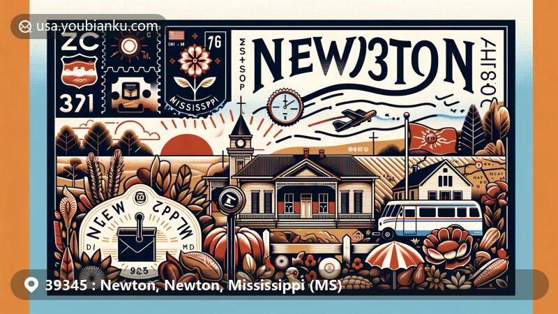 Modern illustration of Newton, Mississippi, postal theme with ZIP code 39345, featuring state flag and local elements like flora, warm summers, mild winters, and small-town vibe.