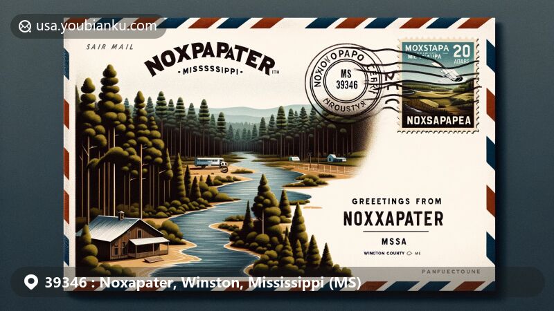 Modern illustration of Noxapater, Mississippi, highlighting Noxapater Creek, pine forests, vintage airmail envelope with postcard reading 'Greetings from Noxapater, MS 39346,' Mississippi state flag stamp, and postal cancellation mark 'Noxapater, MS 39346,' merging natural scenery and postal elements.