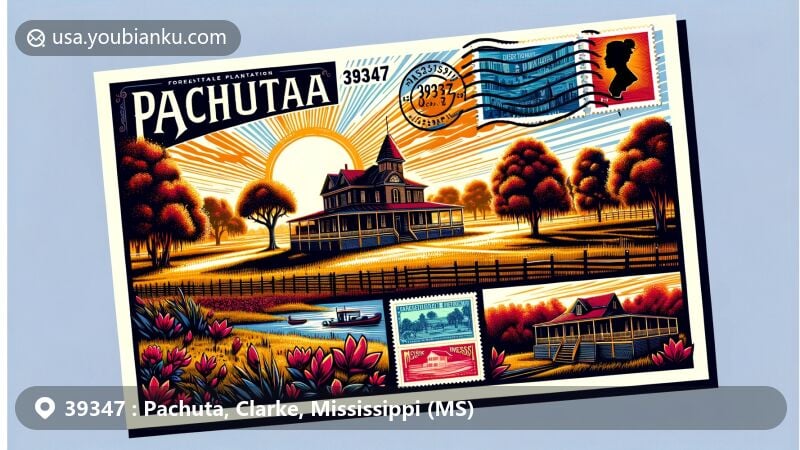 Modern illustration of Pachuta, Clarke County, Mississippi, featuring Forestdale Plantation as a historic landmark and postal theme with ZIP code 39347.
