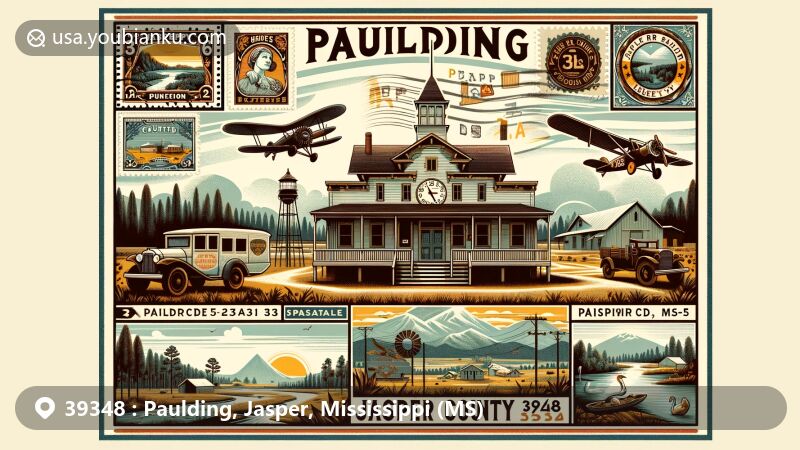Modern illustration of Paulding, Jasper County, Mississippi, highlighting postal theme with ZIP code 39348, showcasing historical significance, cultural heritage, and natural beauty, including Old Jasper County Jail and rural landscapes.
