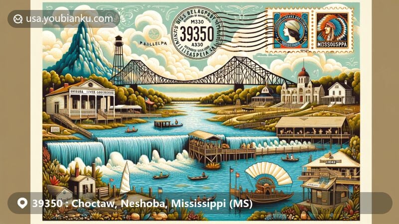 Modern illustration of the 39350 ZIP code area in Neshoba County, Mississippi, showcasing the Pearl River, Neshoba County Historical Museum, and symbols of the Mississippi Band of Choctaw Indians.