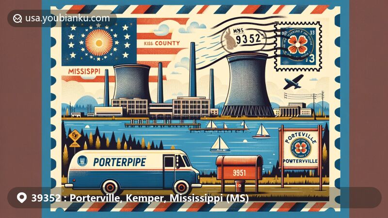 Modern illustration of Porterville, Kemper County, Mississippi, showcasing postal theme with ZIP code 39352, featuring iconic Mississippi symbols and Kemper County landmarks like Kemper Project power plant and Lake Porterville.