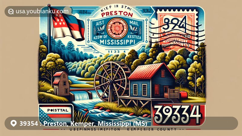 Modern illustration of Preston, Kemper County, Mississippi, featuring ZIP code 39354, showcasing Sciples Water Mill and Mississippi landscapes, blending postal elements like airmail envelope and postage stamp.