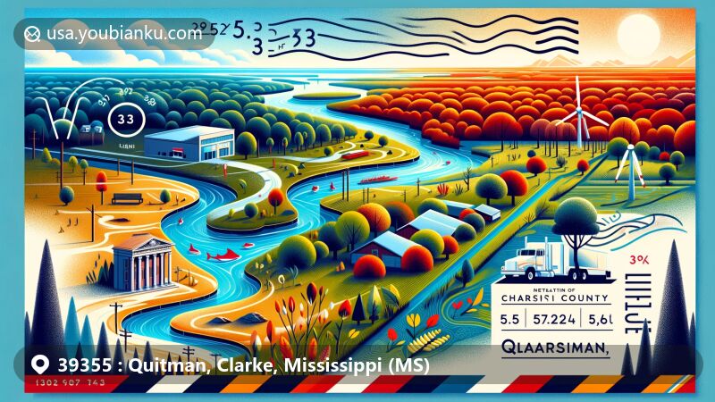 Modern illustration of Quitman, Clarke County, Mississippi (MS), showcasing geographical features, climate characteristics, landmarks, postal elements with ZIP code 39355, and the Mississippi state flag.