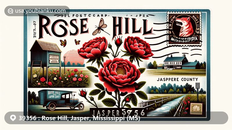 Contemporary illustration of Rose Hill, Jasper County, Mississippi, combining natural beauty with postal theme, showcasing ZIP code 39356 and vintage postcard layout.