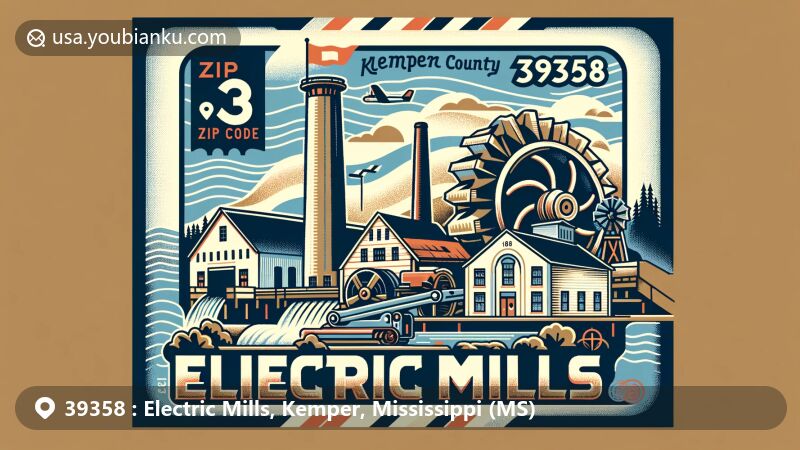 Modern illustration of Electric Mills, Kemper County, Mississippi, highlighting historic significance as location of first electric lumber mill east of Mississippi River. Design incorporates state flag, Kemper County outline, postal elements, and ZIP code 39358.