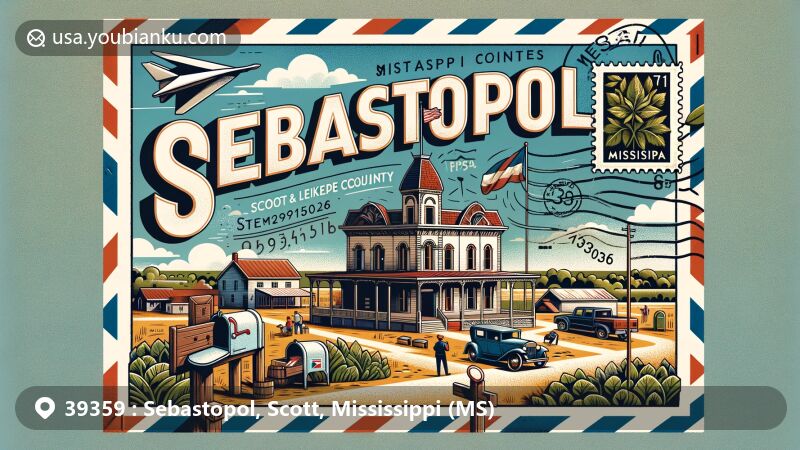 Modern illustration of Sebastopol, Scott and Leake Counties, Mississippi, showcasing postal theme with ZIP code 39359, featuring local festival Sebastopolooza and vibrant rural landscape.