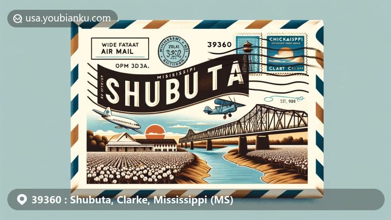 Modern illustration of Shubuta, Clarke County, Mississippi, highlighting postal theme with ZIP code 39360, featuring Chickasawhay River, Shubuta Bridge, and cotton fields.