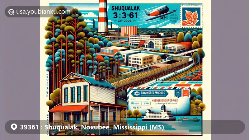 Modern illustration of Shuqualak, Mississippi, capturing rural charm and forestry industry connections, showcasing Huber Engineered Woods development and '39361' ZIP code.