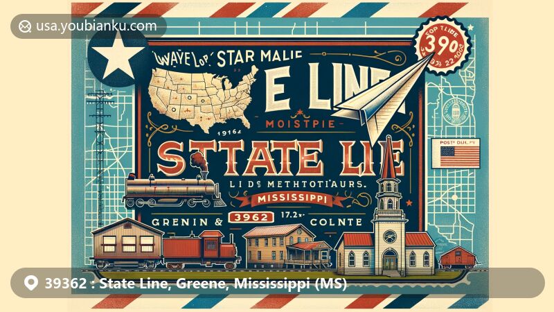 Modern illustration of State Line, Mississippi, based on vintage air mail envelope, showcasing Greene and Wayne counties with State Line United Methodist Church and Mobile and Ohio Railroad, featuring Mississippi state flag and postal elements.