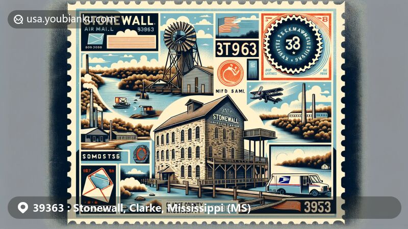 Creative illustration of Stonewall, Clarke County, Mississippi, featuring historical cotton mill and Chickasawhay River, with vintage postal theme including ZIP code 39363.