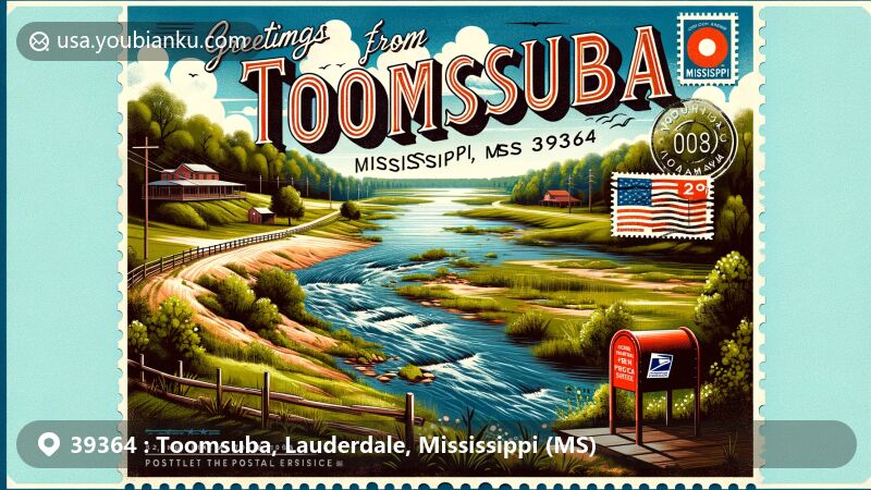 Modern illustration of Toomsuba, Mississippi, highlighting the picturesque Toomsuba Creek and postal elements, with a vintage postcard layout displaying 'Greetings from Toomsuba, MS 39364,' a stamp of the Mississippi state flag, a postmark, and a red postal mailbox.