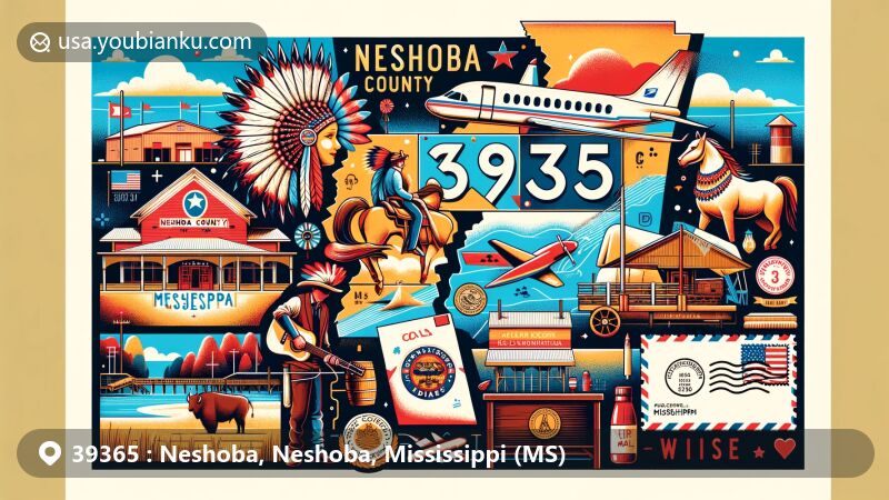 Modern illustration of Neshoba County, Mississippi, showcasing Neshoba County Fair and Mississippi Band of Choctaw Indians, with postal elements like airmail envelope, postage stamp with ZIP code 39365, and postal mark.
