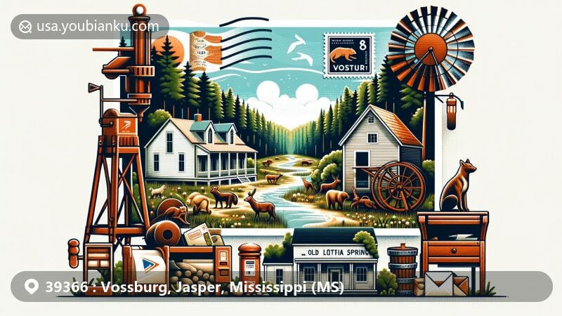 Modern illustration of Vossburg, Jasper County, Mississippi, featuring rural scenery, Lithia spring, post office, mailbox, and cotton gin, with postal elements and wildlife.